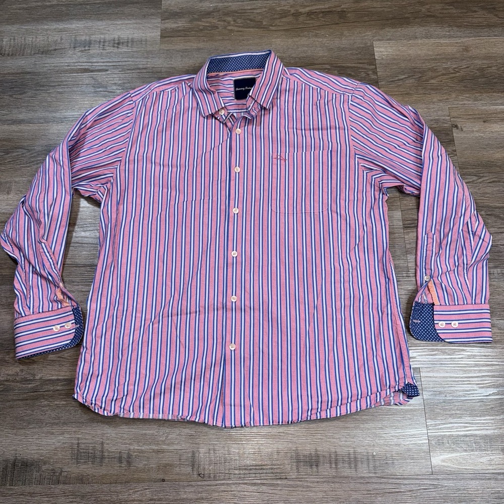 Tommy Bahama Shirt Mens Large Long Sleeve Button Up Pink and Blue Striped Logo